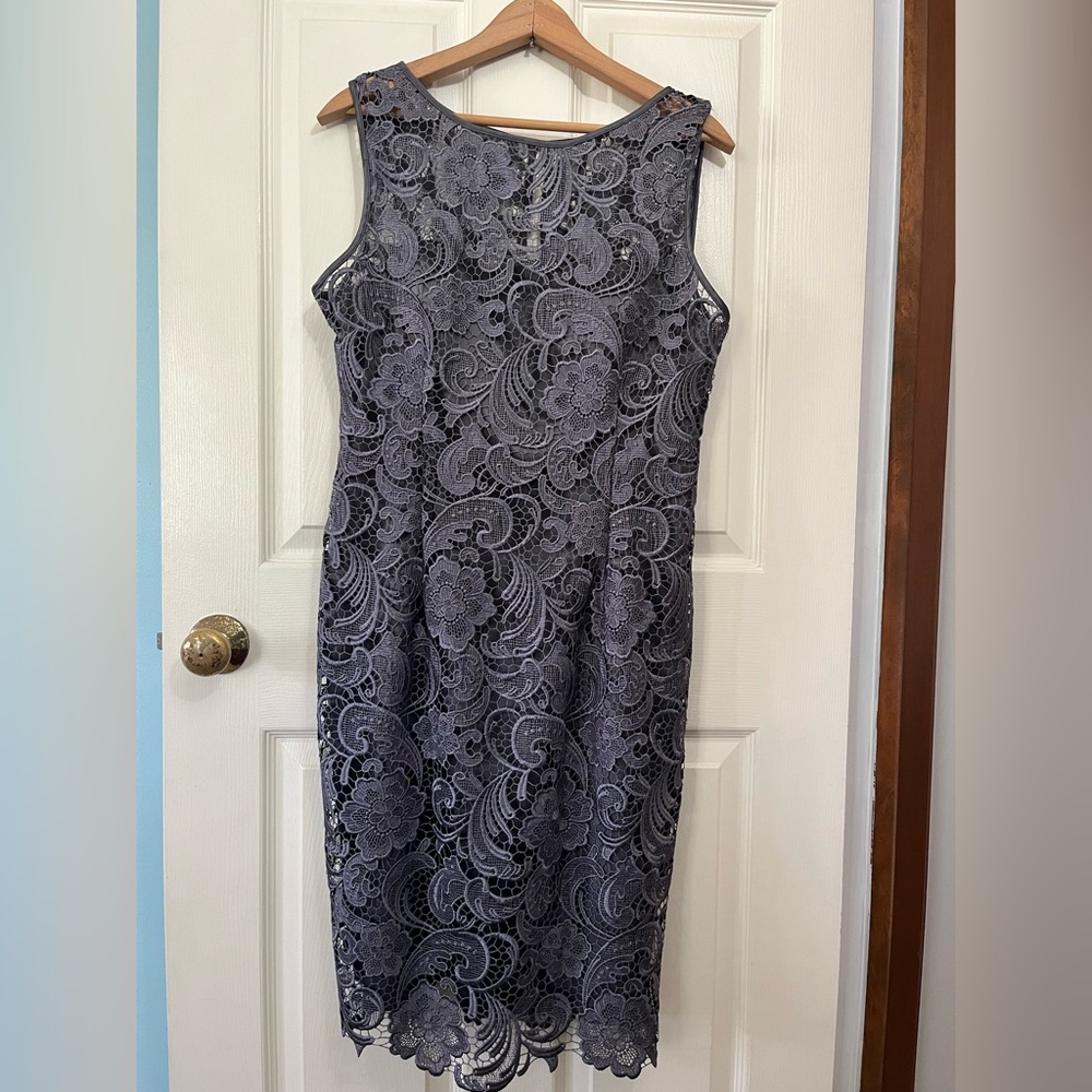 Adrianna Papell Evening Gray Lace Overlay Dress Formal Wedding